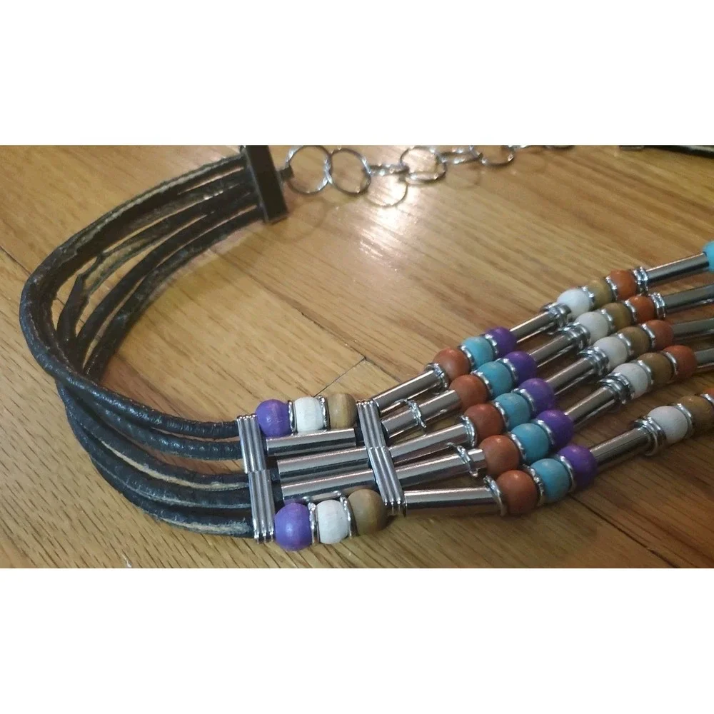 Black Leather &‎ Multi Color Wood and Plastic Beads Chain Belt Boho Hippie